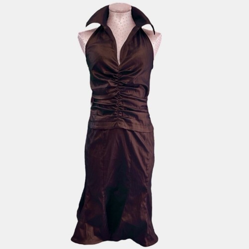 Luxe Tadashi Shoji Dress Brown Ruched Collared Taffeta Gown Size 4 Evening